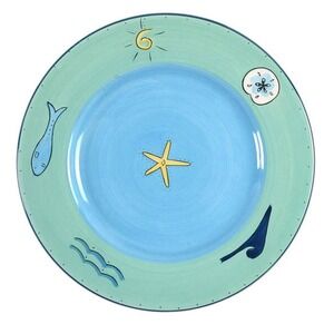 KIC Brushes Coastal Ceramic Dinner Plate with Ocean Motif Hand-Painted Beach